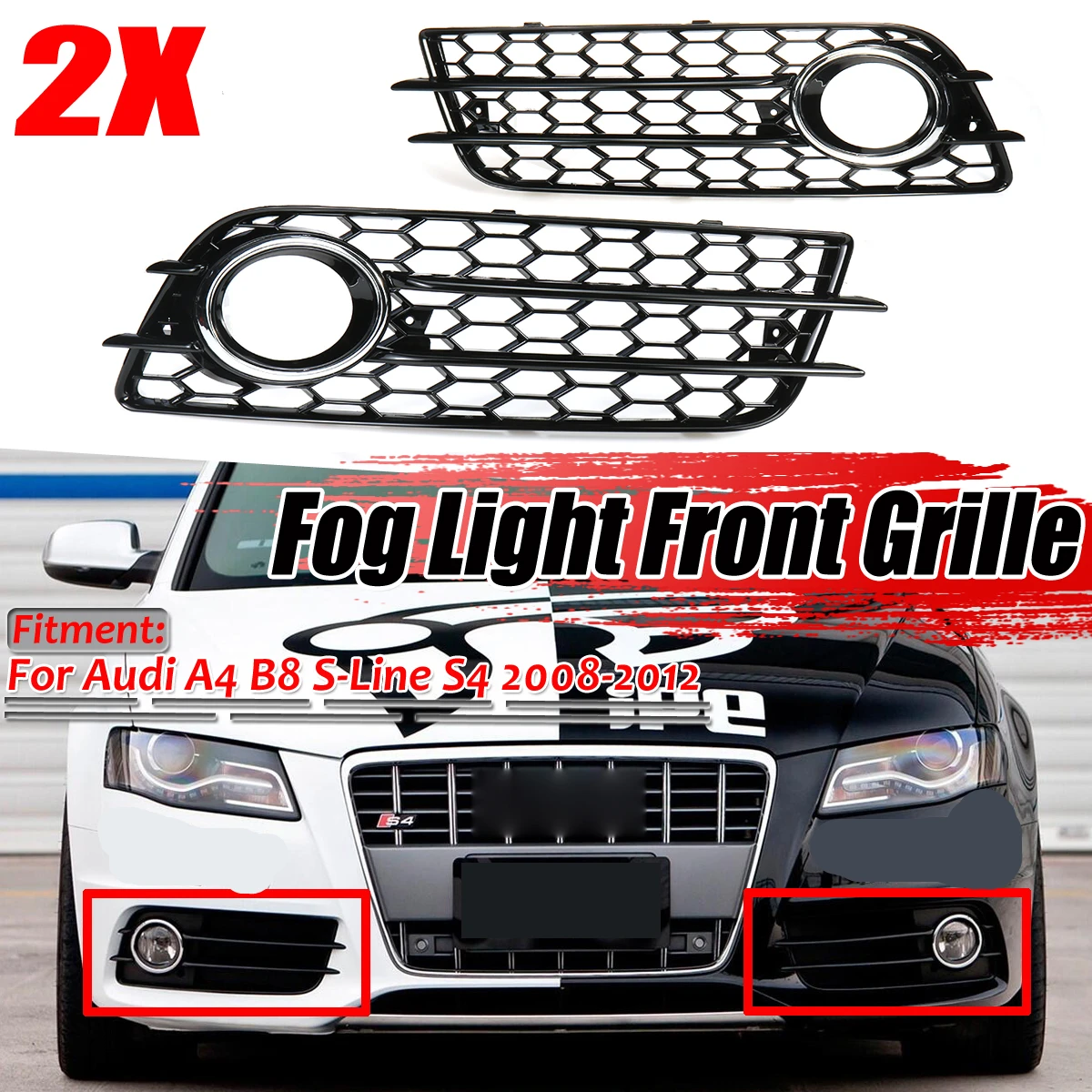 

2PS Car Front Fog Light Grill Cover Honeycomb Hex Fog Lamp Grille Grill For Audi A4 B8 S-Line S4 2008-2012 8K0807681C 8K0807682C