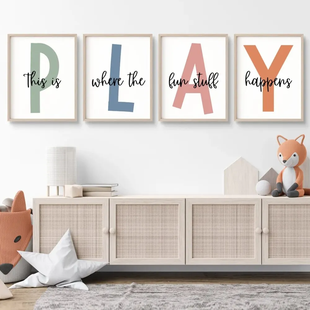 Cartoon This Is Where The Fun Stuff Happens Nursery Play Sign Wall Art Canvas Painting Posters For kids Playroom Room Home Decor