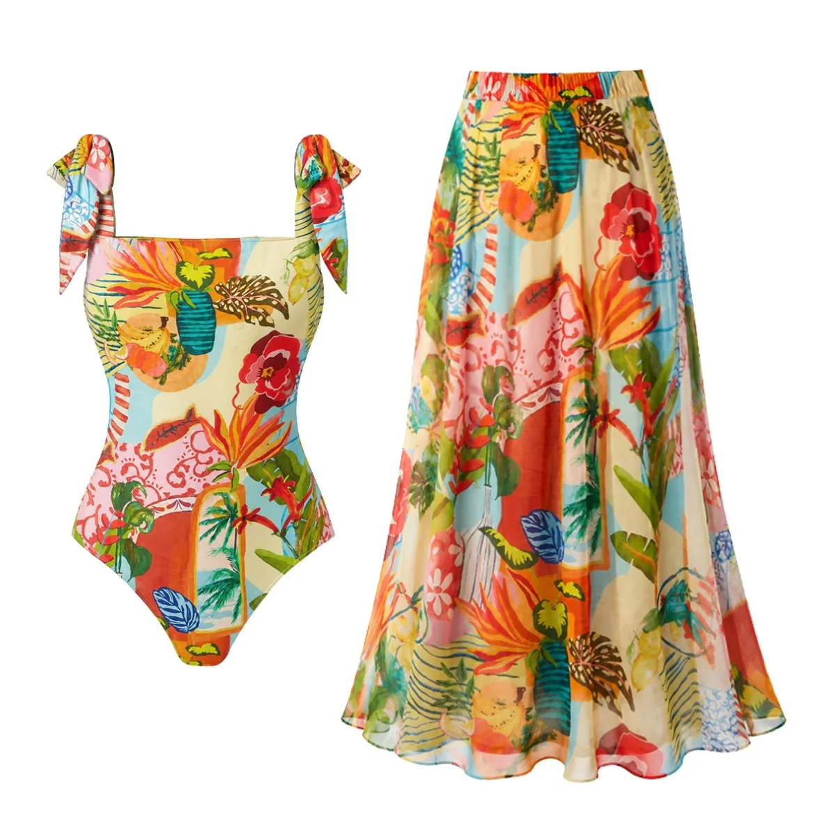 Women's Tropical Plant Flower Print One-Piece Swimsuit Beach Resort Style New Two-Piece Swimwear wiht Skirt Beach Style Holiday