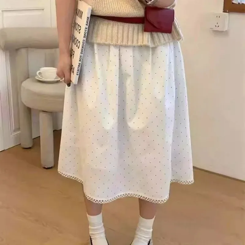 

Women Elastic Waist Polka Dot Lace Hem Loose A Line Midi Skirt