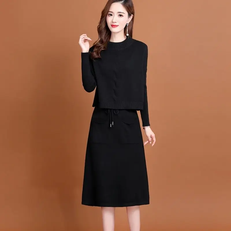 Women Autumn Korean Simplicity Solid Color O-neck Sleeveless Knitting Tank Top Ladies Casual All-match Trend Dress Two Piece Set