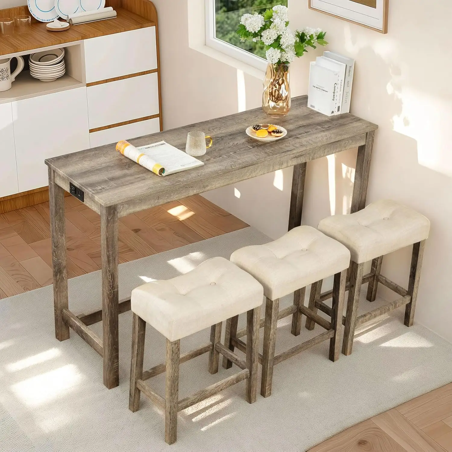 

Bar Table Set of 4 with Power Outlet, Industrial Brown Dining Table & 3 Padded Stools for Small Spaces