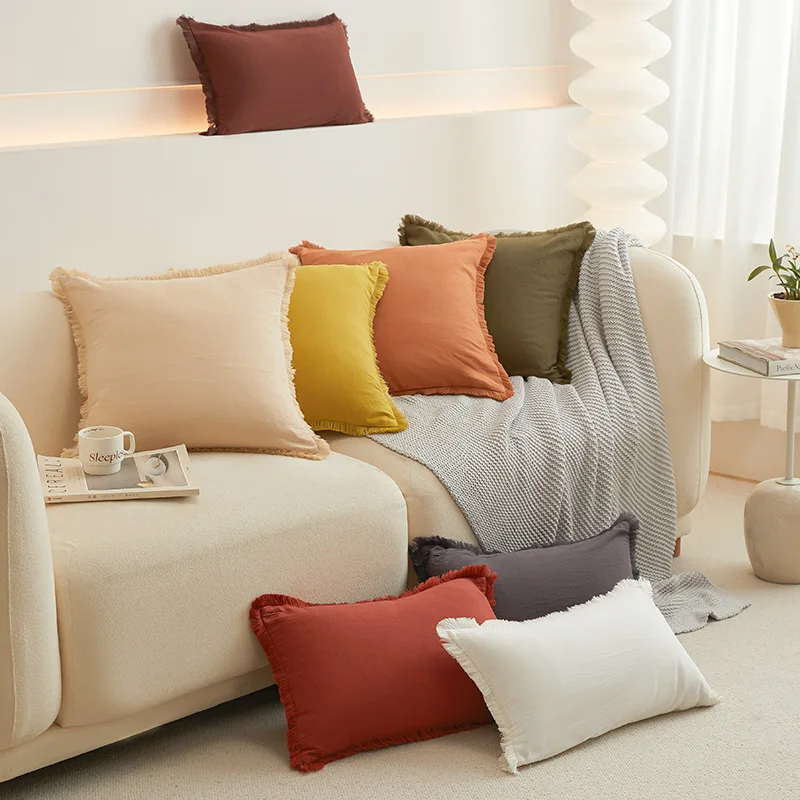 

Simple Solid Color Washed Cotton Cushion Covers Cushion Cover with Tassel Home Decor Durable Solid Color Pillow Cases Almohada