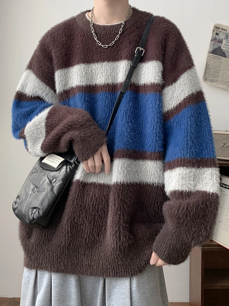 

Мужской свитер с длинным рукавом и круглым вырезом, модный, в полоску, уютный, теплый, осенний, для подростков, комфортный, вязаный.