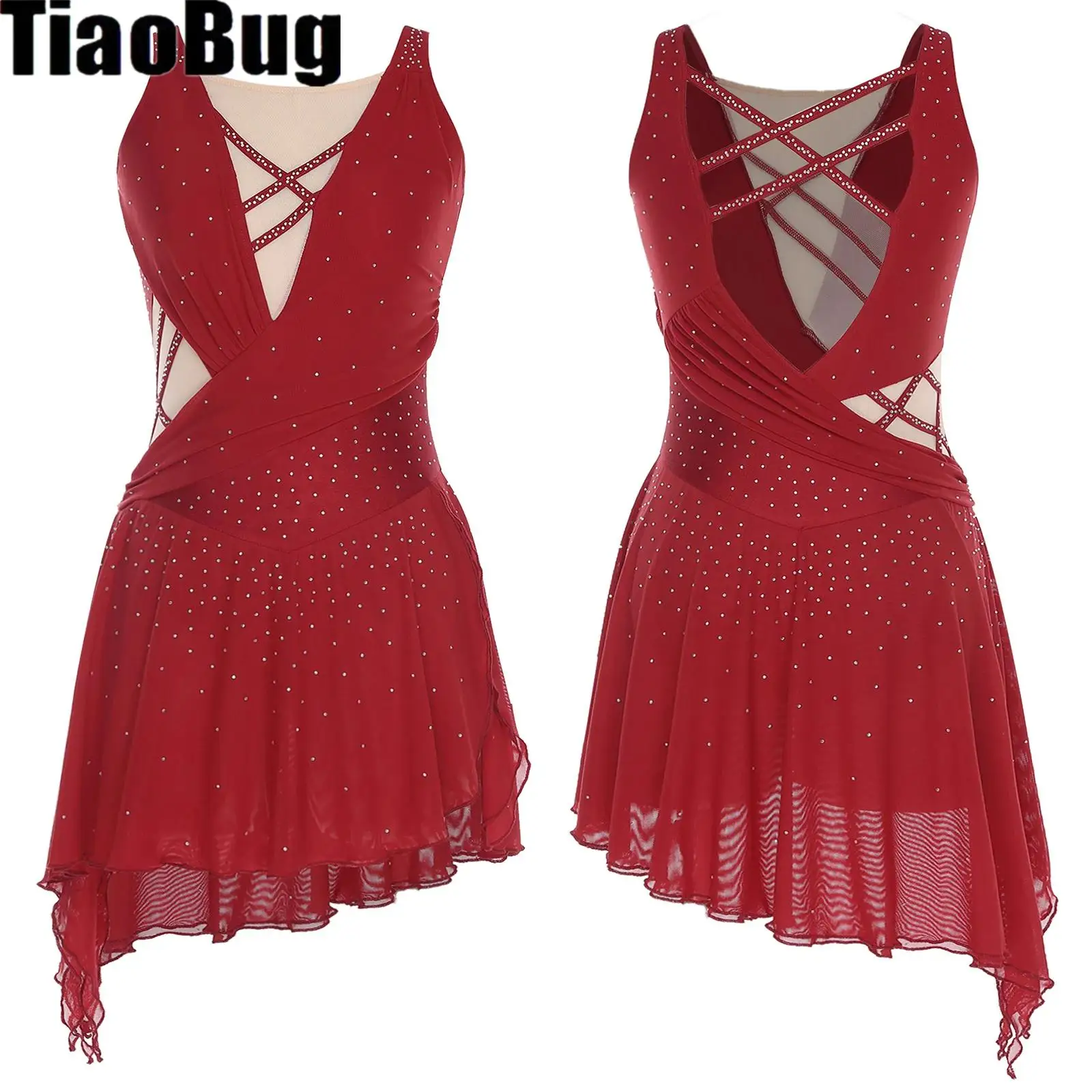 

Women Ballet Leotard Lyrical Dance Dress Rhinestones Backless Side Slit Asymmetrical Hem Modern Dance Figure Skating Performance