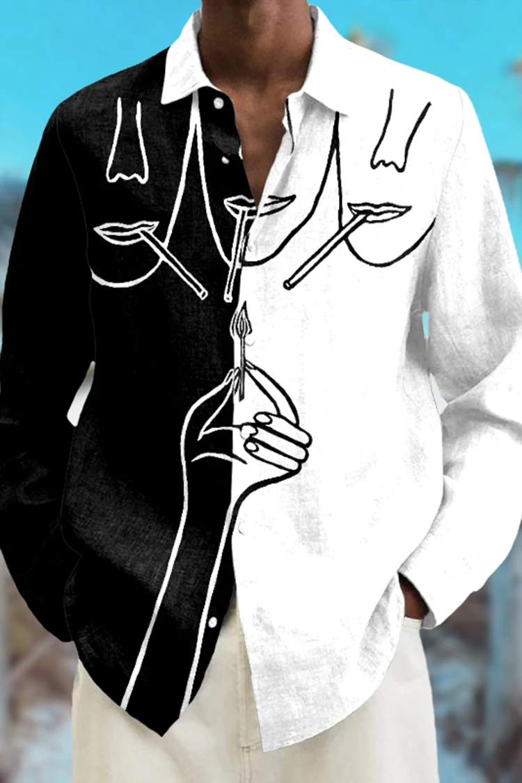 2025 Fashion Abstract 3D Printed Long Sleeve Shirts Simple Black And White Color Scheme men's Tops Casual Lapel Button Up Shirt