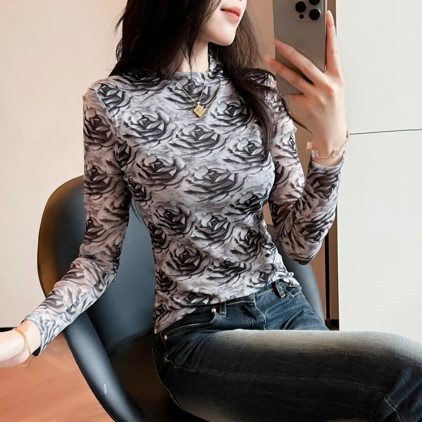 Ele Long Sve Damen T-Shirt Blumendruck Me Base irt High Ne Elastic Net Inner Wear Top Europäisches Sle Herbst W...