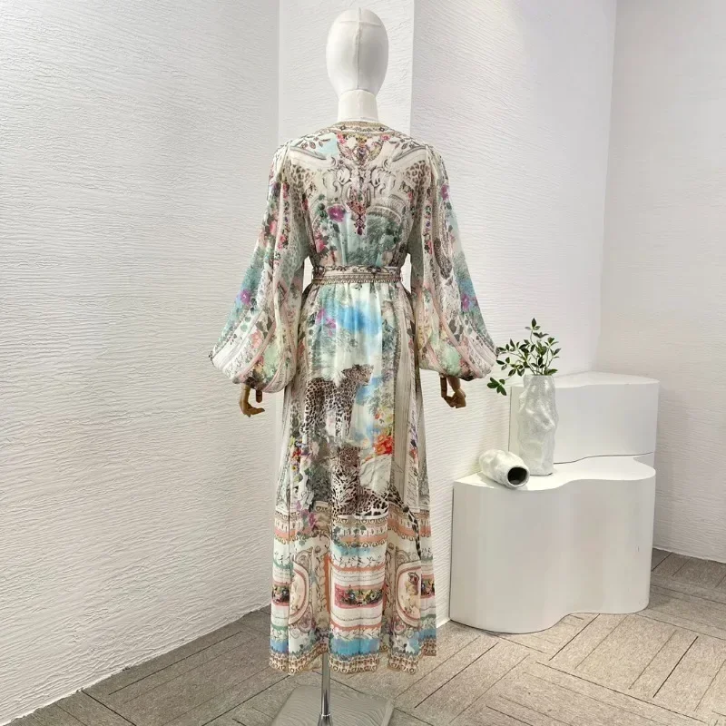 Women's White Leoprad Floral Print Belt Lantern Long Sleeves Vintage High Quality 2024 Deep V Neck Diamonds Midi Dress