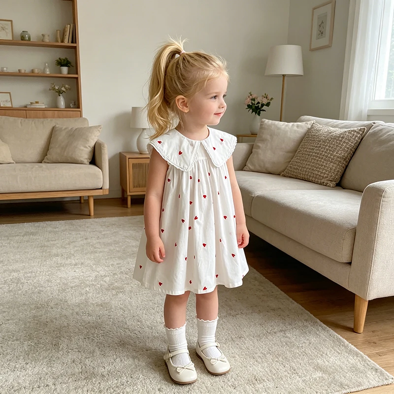2026 Sommer Neu 2-6 Jahre Ärmelloses Weißes Kleid für Mädchen Kinder Prinzessinnen-Geburtstagskleid mit Herz-Print im Westlichen Stil