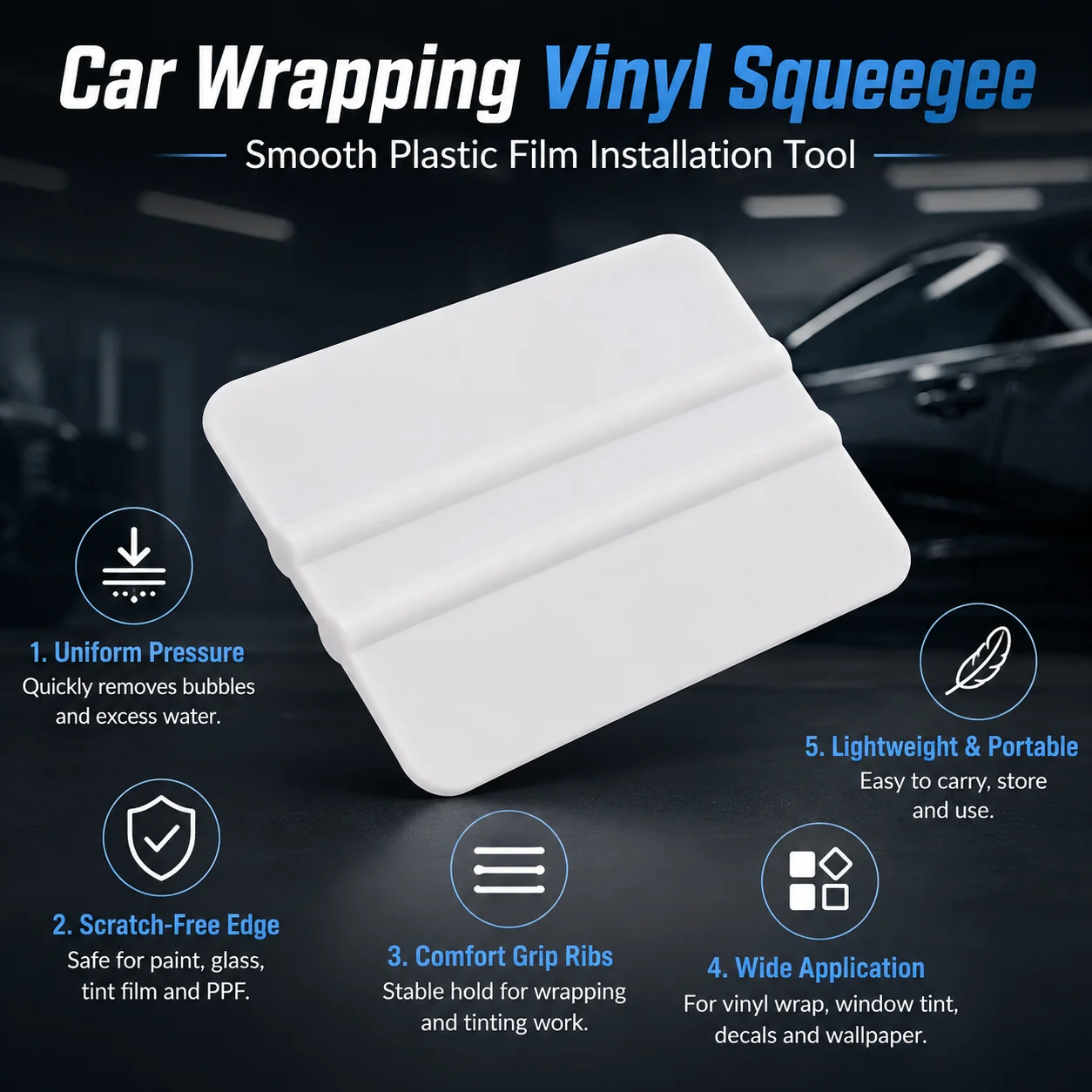 White Plastic Card Squeegee for Window Tint Vinyl Wrap PPF, Anti-Scratch Bubble and Water Removal Car Film Installation Tool