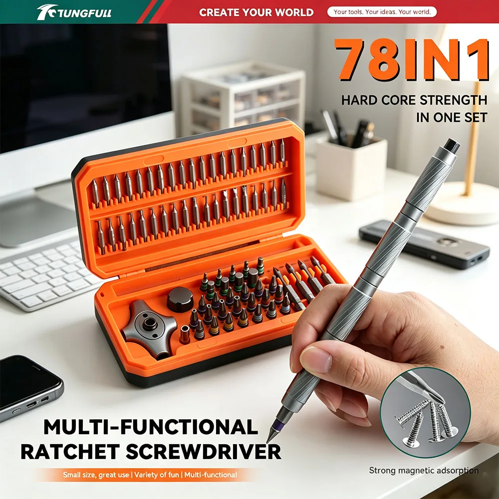 TUNGFULL 78‑In‑1 Precision Ratchet Screwdriver Set Portable Magnetic Bits Kit for Computer Notebook Electronic Repair Hand Tools