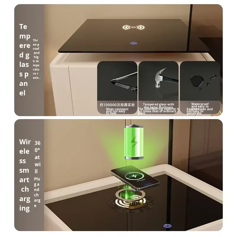 Bedside Table Smart Safe High-End Storage Cabinet Bedroom Cream Style Chest of Drawers Shelf with Wireless Charging