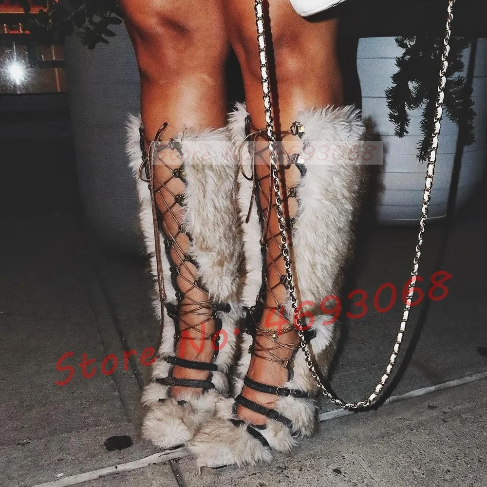 Front Cross Tied Fur Knee High Boots Women Stylish Buckle Strap Furry Cutout Boots Autumn Round Toe White High Heel Chic Shoes
