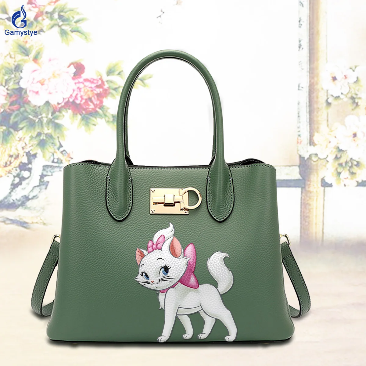 Art Print Cute White Cat Customize Totes 100% Cowhide Leather Female designer handbags high quality Messenger Shoulder Bag