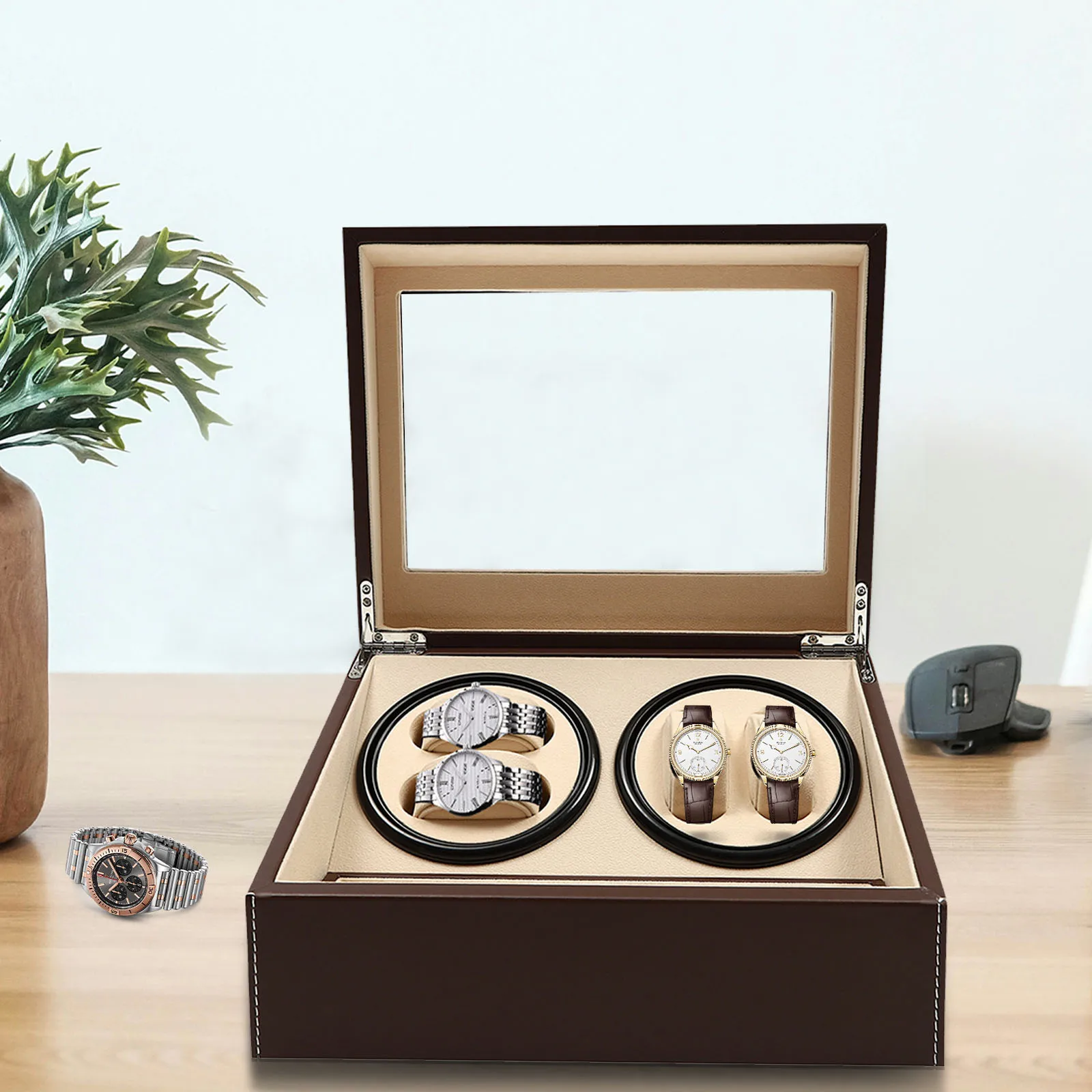 4 + 6 فتحات ماكينة لف ساعات أوتوماتيكية، علوية من جلد البولي يوريثان الزجاجي، صندوق عرض للساعة، حقيبة تخزين المجوهرات، بني/أسود #5
