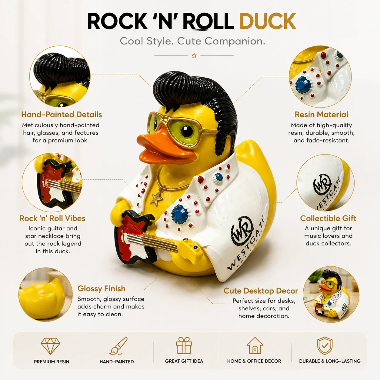 Rock Star Duck Resin Figurine With Guitar, Elvis‑Style Collectible Duck Statue, Home Desk Decor Ornament, Unique Gift For  Fans