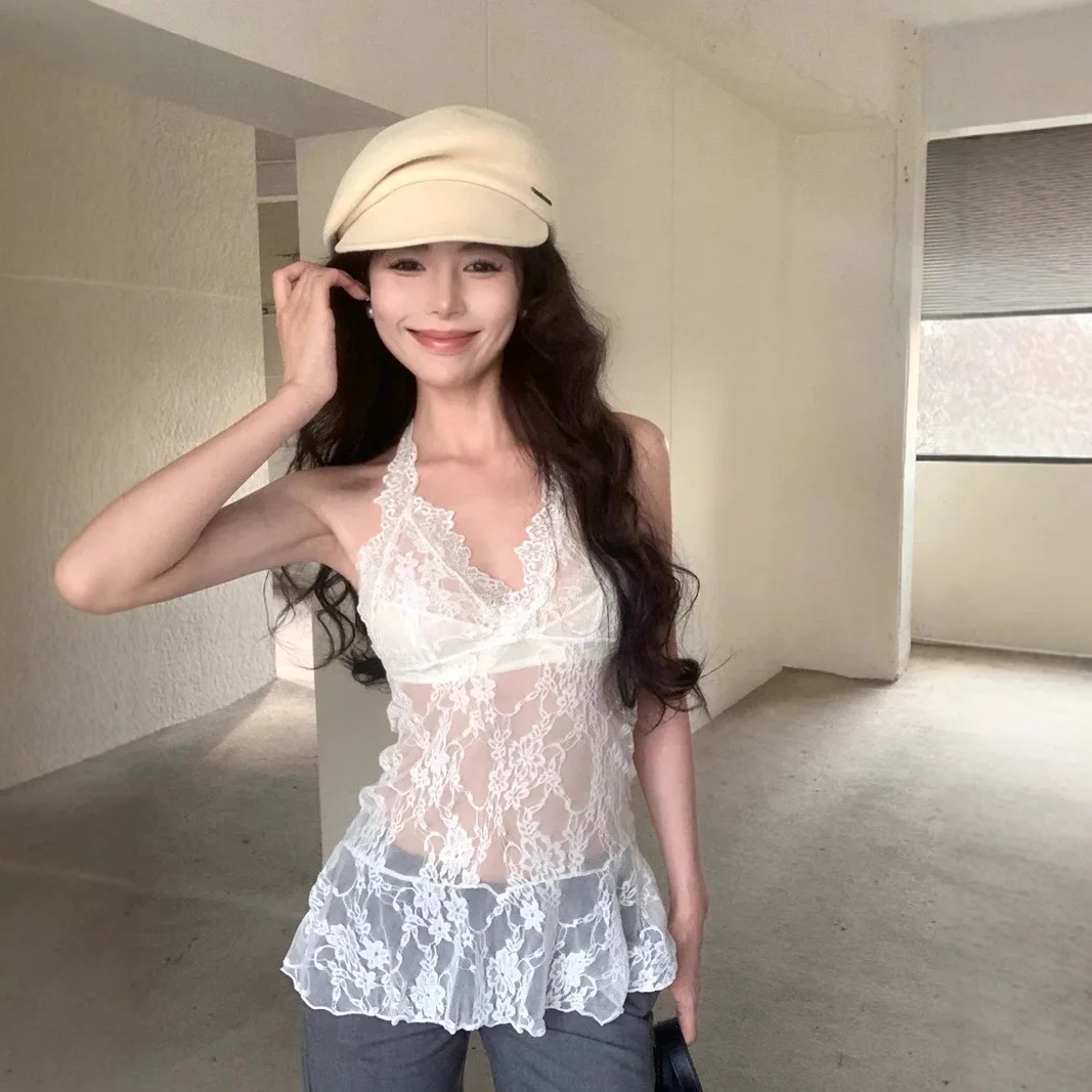 

Large Size Neck Lace Suspender Vest Women's Autumn Sweet and Cool Babes Wear Lace Inside and Outside Beautiful Little Top