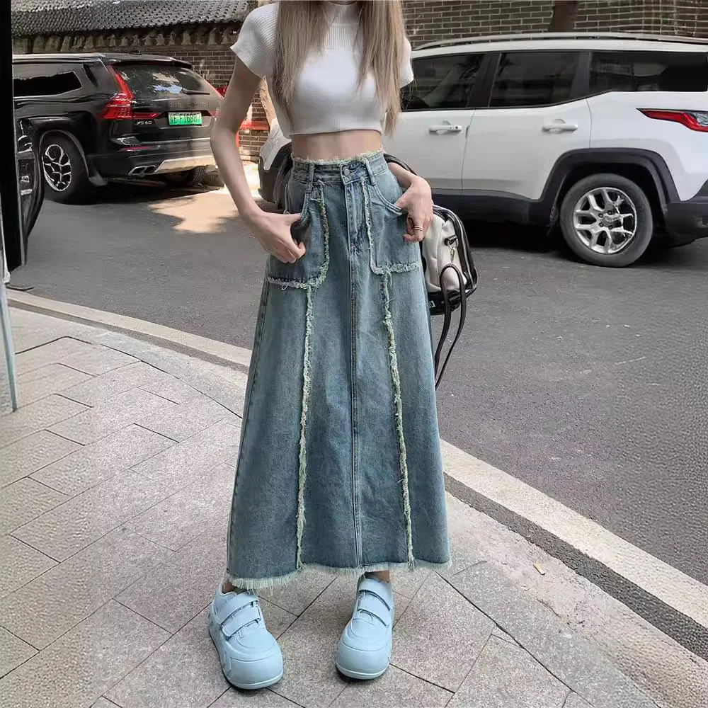 

Light Wash Raw Edge Patch Pocket Denim Maxi Skirt Women High Waist Split A-Line Long Jean Skirt ﻿