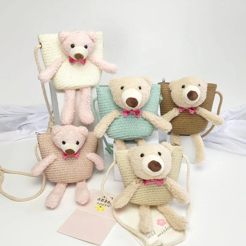 Summer Kids Straw Bags Mini Little Bear Messenger Bags 2022 New Casual Fashion Baby Boys Girls Rabbit Cartoon Cute Coin Purse