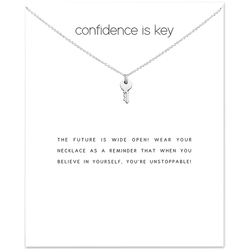 MOONXUAN Key Pendant Power Charm Necklaces for Women Party Gift with Card Confidence Is Key Silver Plated Alloy Reminder Jewelry