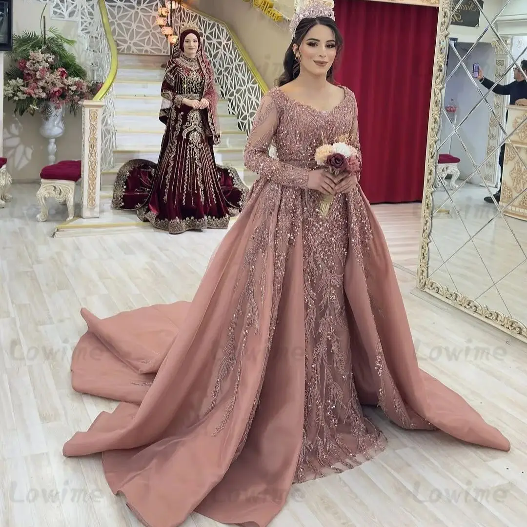 2025 Vestido de fiesta de desfile rosa Vestidos largos de fiesta personalizados con falda desmontable Vestidos de noche árabes de sirena con cuentas y lentejuelas