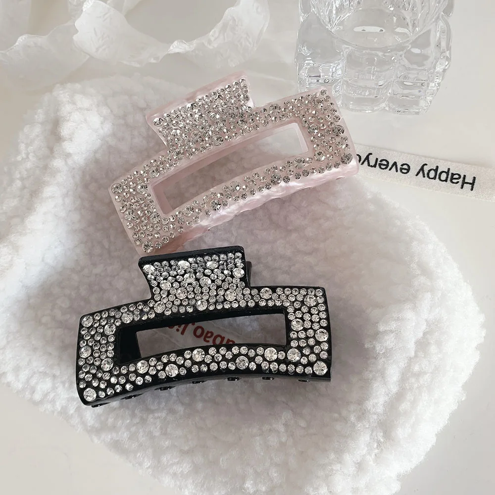 New Design 8cm Delicate Full Rhinestones Square Hollow Shark Clip Simple Fashion Acetate Hair Clip Claw For Woman Girls