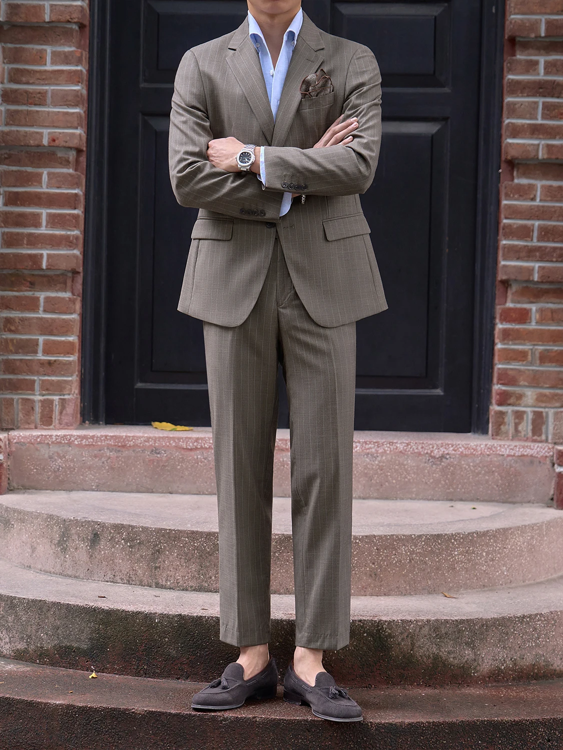 YF49 Italian Striped Men's Single-breasted Commuter Suit Slim-fit Fashion Business Casual Professional Formal Jacket