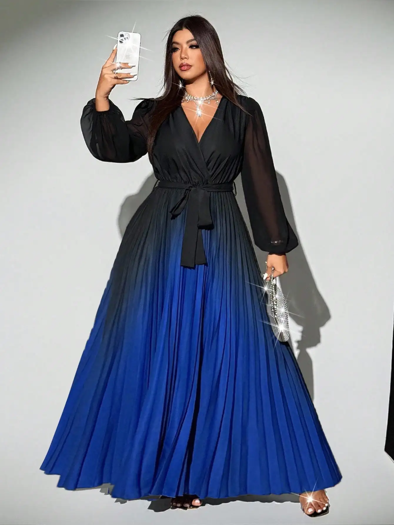 

Plus Size Ombre Chiffon Wrap Dress with Sheer Sleeves and Pleated Skirt