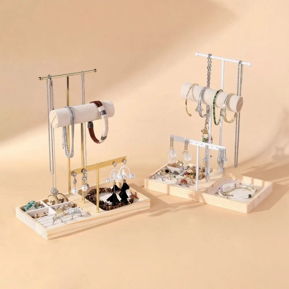 Simple Wood Necklace Holder Organizer Sectioned Design Earrings Bracelets Jewelry Rack Stand T-shape Space Saving