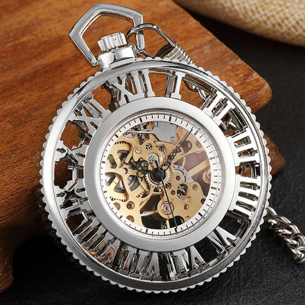 Reloj de bolsillo mecánico Vintage con esqueleto hueco, con números romanos reloj de bolsillo, estilo steampunk, Fob