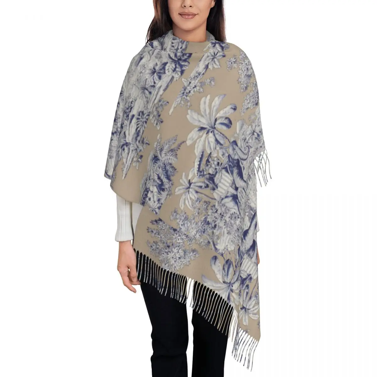 CustomNavy Blue Toile De Jouy French Motif Pattern Scarf Wrap for Women Long Winter Fall Warm Tassel Shawl Unisex Scarves