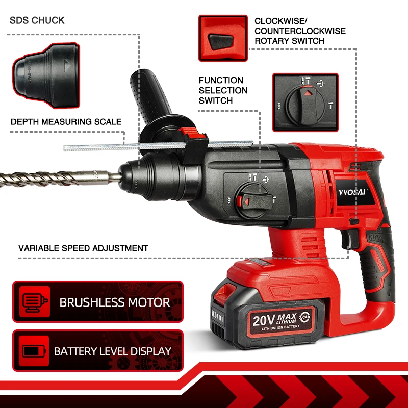 VVOSAI-taladro eléctrico e inalámbrico, 20V, martillo que gira, motor sin escobillas