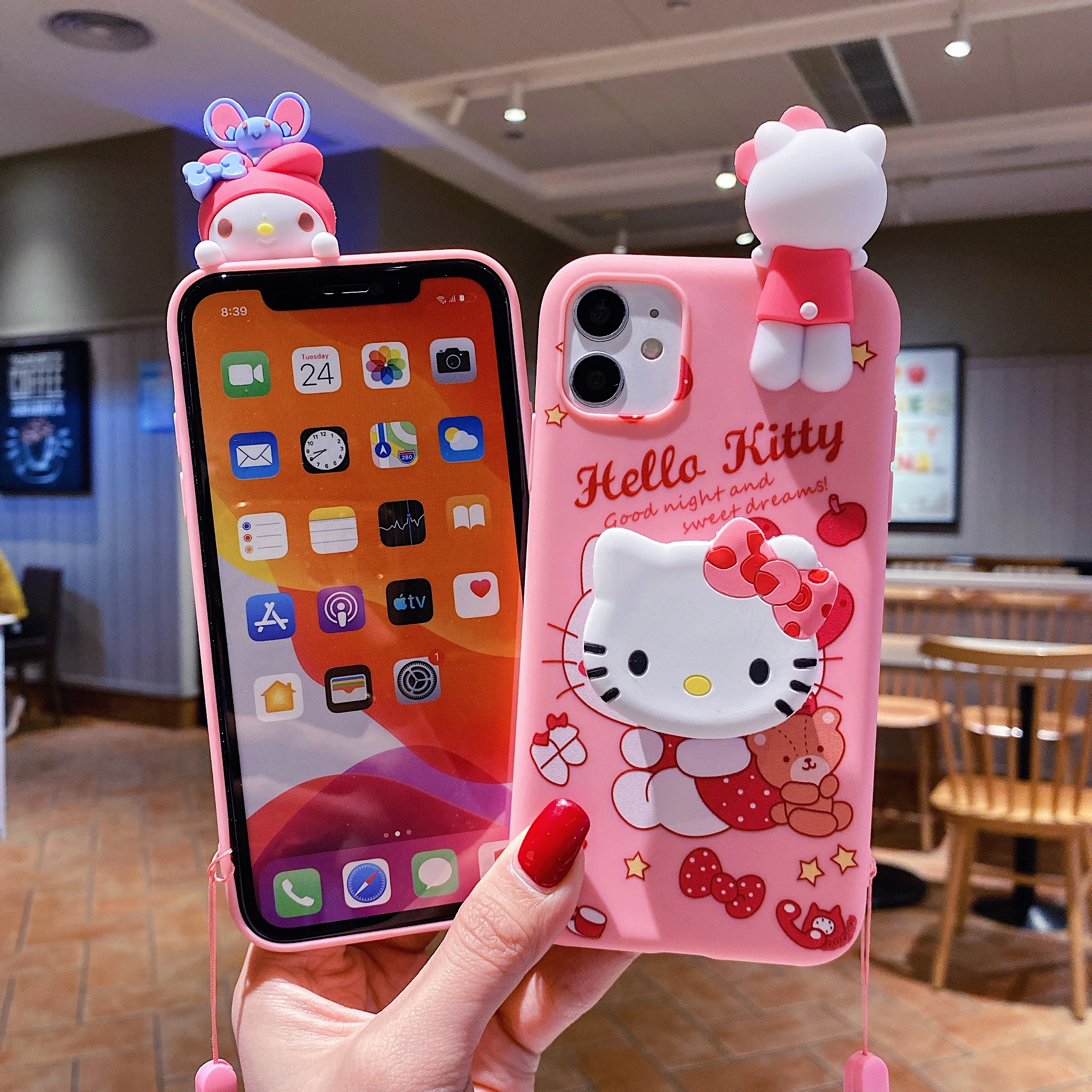 For iPhone 17 16 16e 15 14 13 12 11 Pro Max Air XR X XS Max 6 6S 7 8 Plus SE 3D Cartoon Sanrio Kitty Melody Holder Lanyard Case