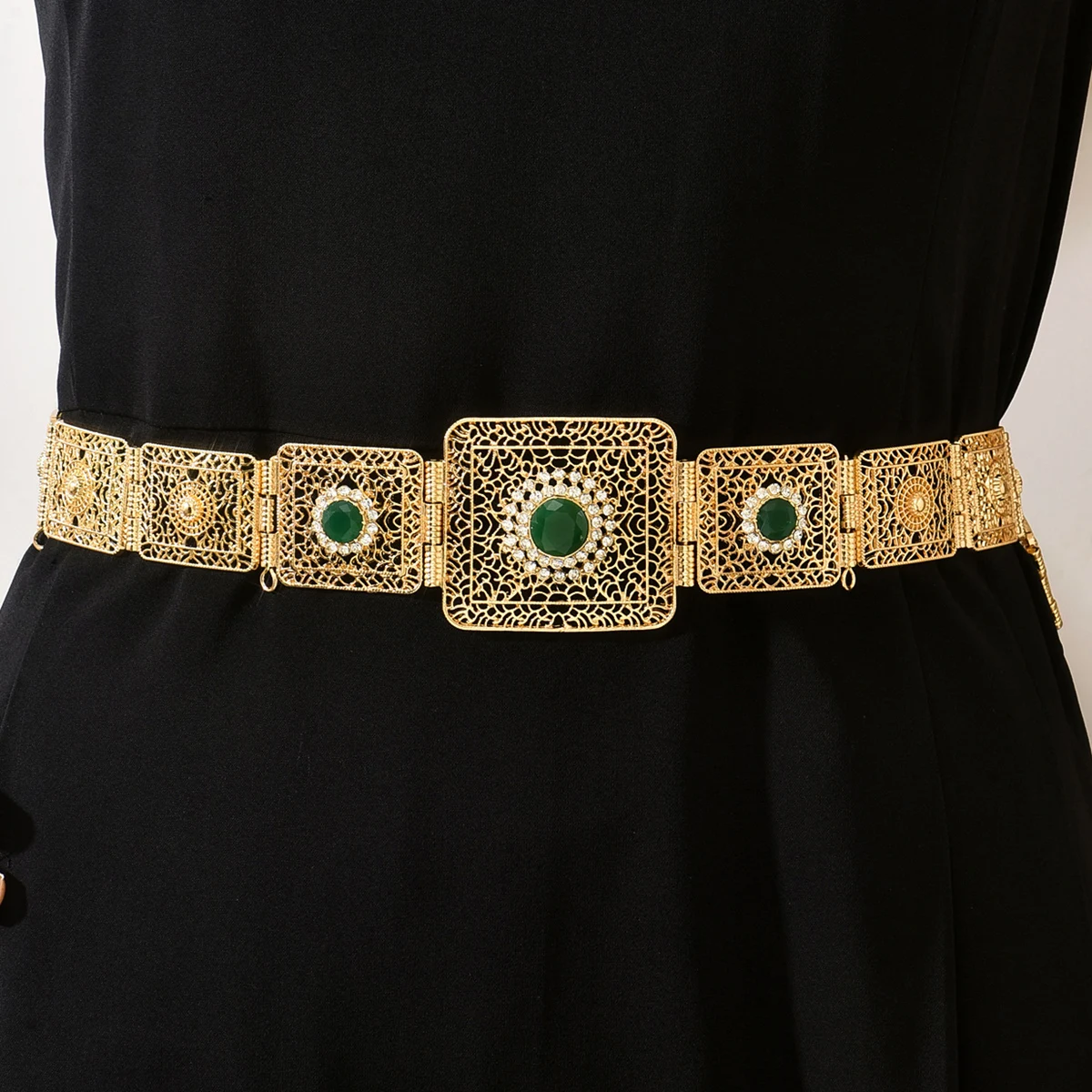 

Luxurious Bridal Gold Filigree Belt-Emerald And Crystal For Exquisite Wedding Gown Styling With Intricate Ornate Design