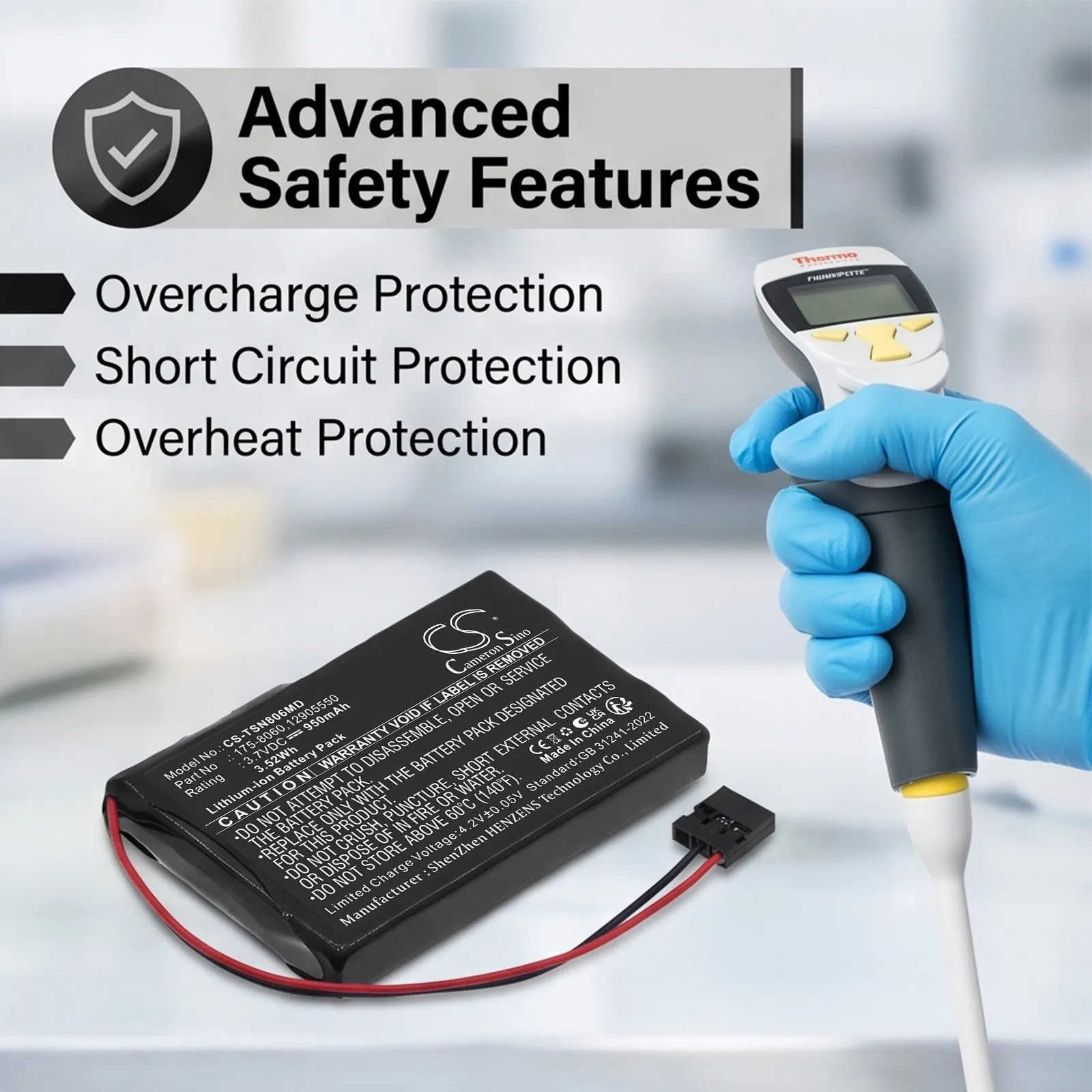 CameronSino Battery for Finnpipette Novus Single fits Thermo Scientific 12905550 Medical Replacement battery 950mAh/3.52Wh 3.70V