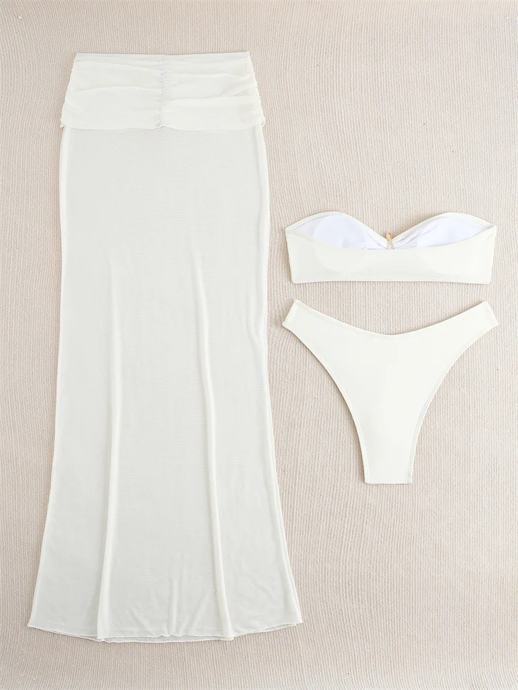 مجموعات نسائية أنيقة 2026 المرأة 3 قطعة رفع مجموعة البكيني بلون مع بقماش شفاف فستان طويل التستر تنورة الشاطئ البيضاء #6