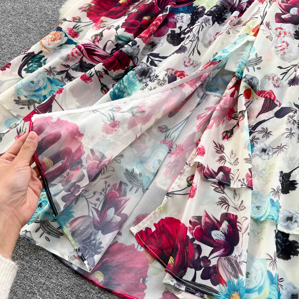 Długa sukienka damska Sukienki z nadrukiem Kwiatowa linia Vestidos Streetwear V Neck Wysoka talia Elegancki Maxi Splice Y2k Party Club Wedding