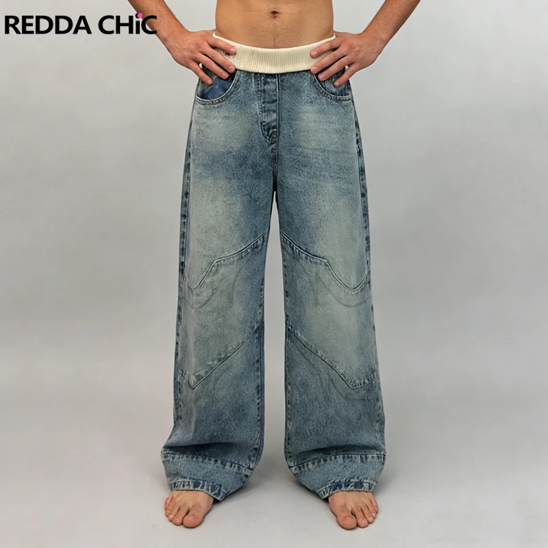 

REDDACHIC Knit Stitch Baggy Jeans Unisex Trendy Do Old Star Patched Whiskers Pockets Loose Wide Leg Pants Fall Man Streetwear