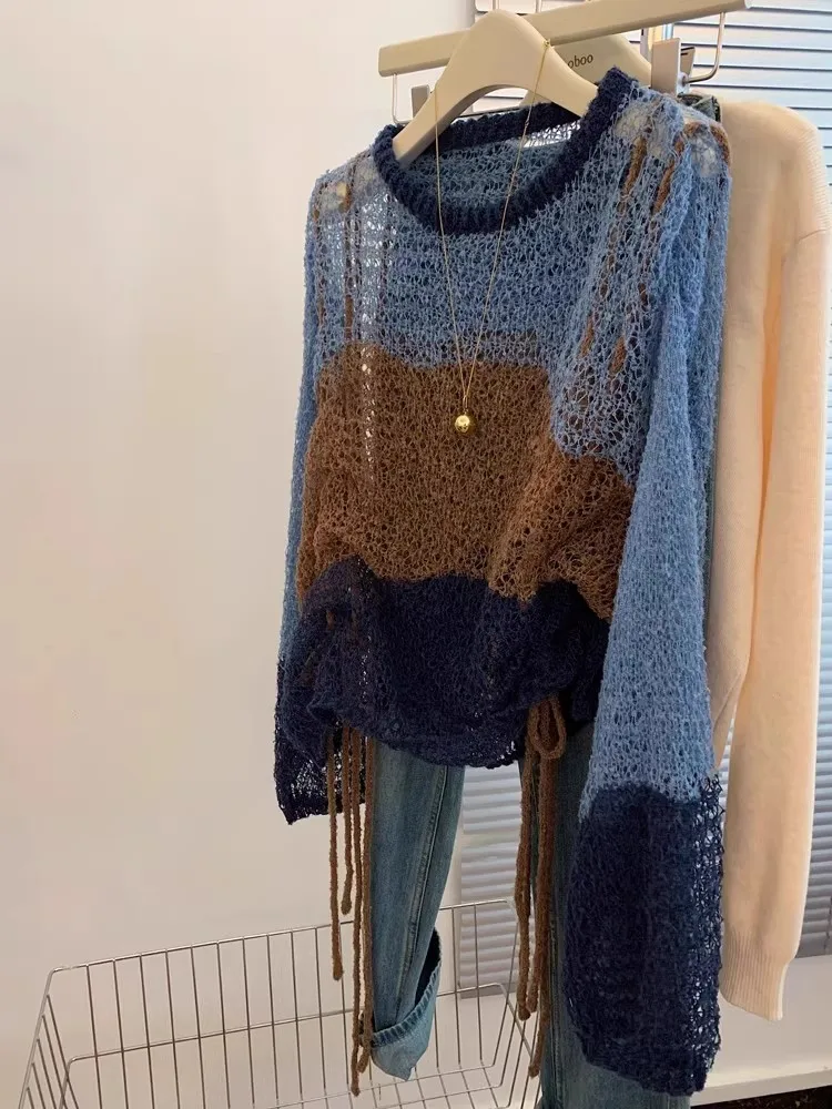 Slimming Lace-Up round Ne Knitwear Casual Hollow out Thin Long Sve Women's Autumn Sle Comfortable Breathable Top irt