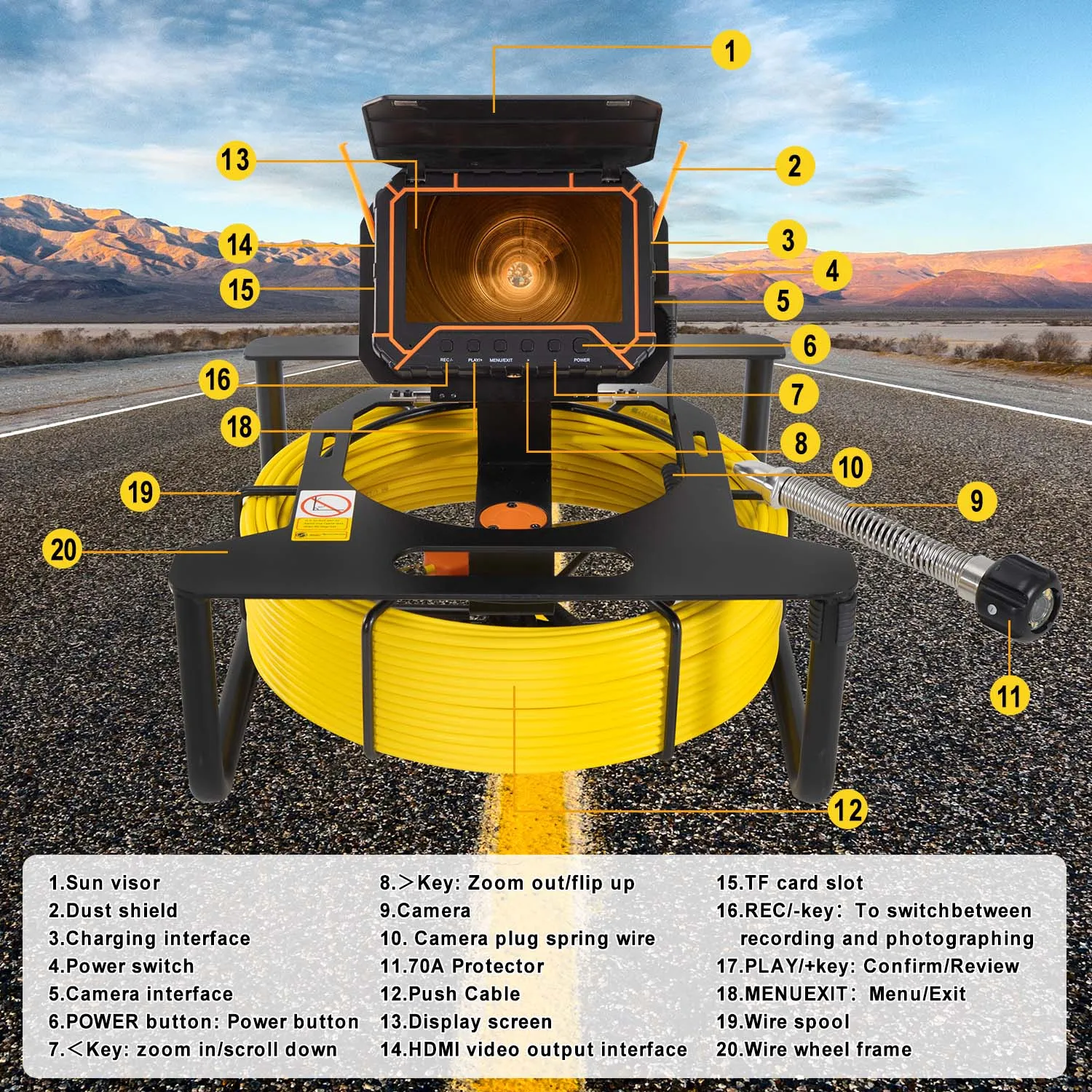 Sewer Pipeline Inspection Camera 5 "High-Definition Screen 512HZ Wireless Transmission 16GB DVR IP68 Waterproof Endoscope