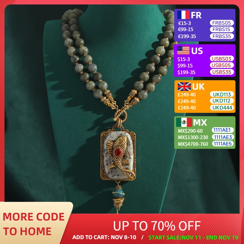 

Rectangular Fish Pendant Necklaces Blue Glass Long Water Droplet Two Layer Bead Chain Natural Stone Emerald Green Vintage Gift