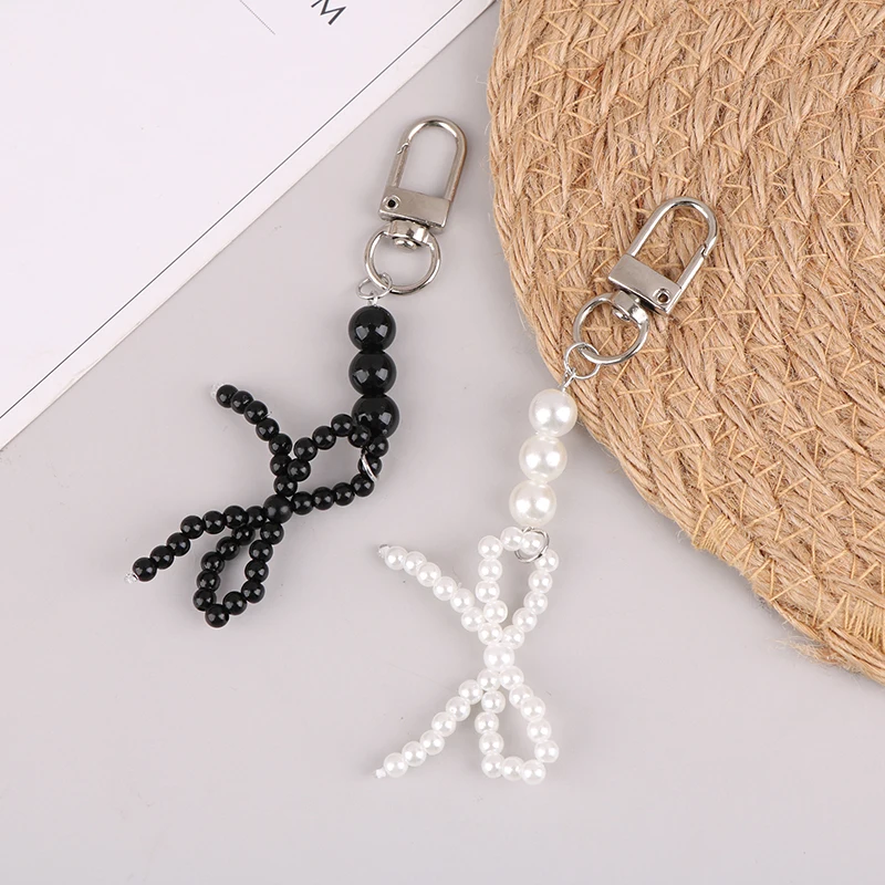 Korean Bowknot Keychain Simple Bow Beaded Keyring Imitation Pearl Key Holder Bag Pendant Camera Strap Girl Gifts