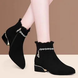 FHANCHU Fashion Women Flock Ankle Boots,Mid Heeels Winter Shoes,Lace Short Botas,Round Toe,Side Zip,Black,Dropship