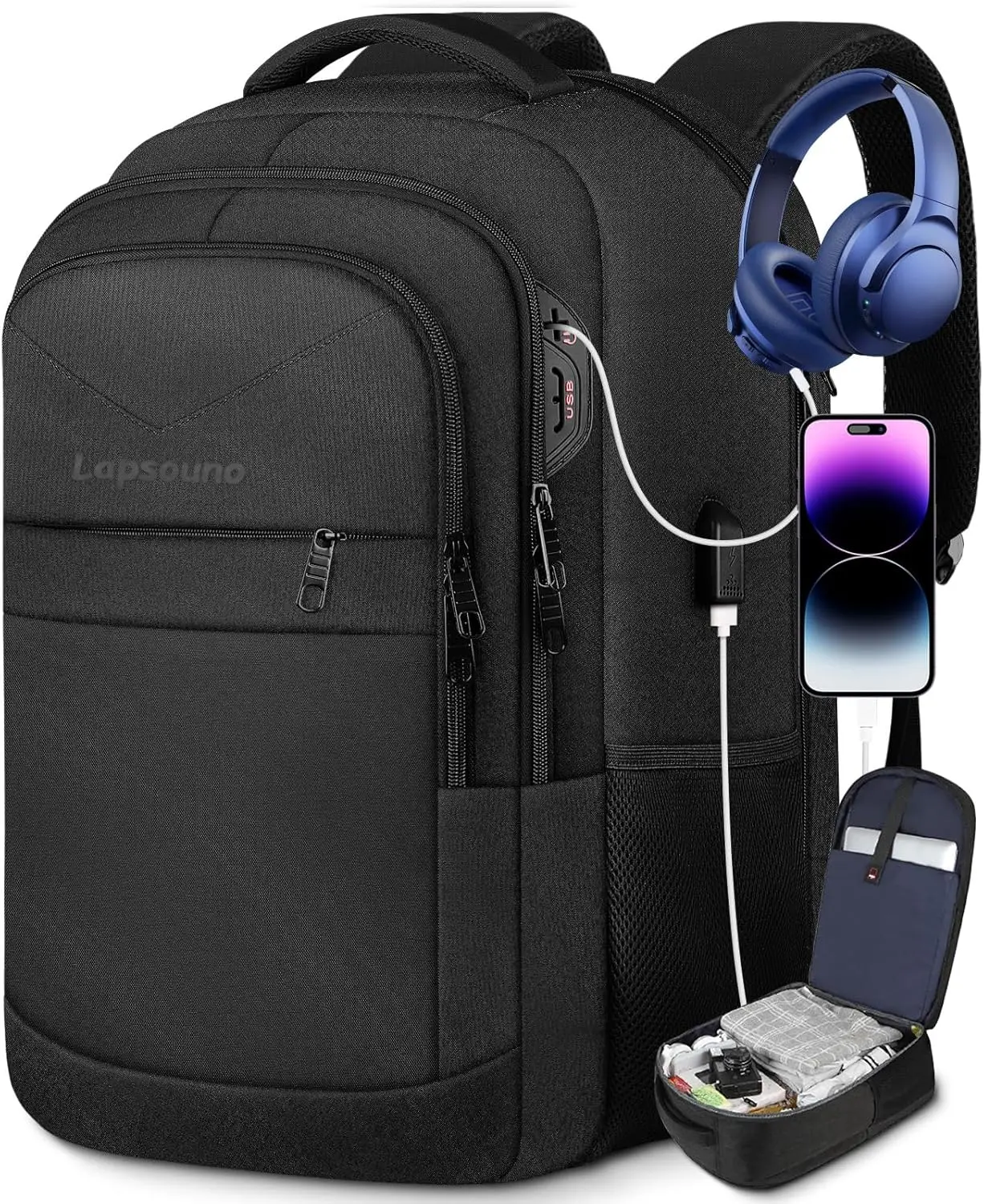 Lapsouno Travel Laptop Backpack, Business Laptop Backpack, Anti Theft Slim Sturdy 15.6 Inch TSA Friendly with USB Port