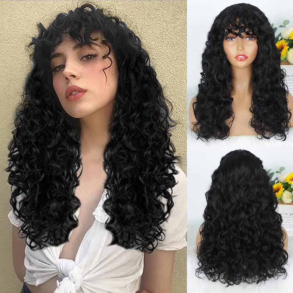 Curly Synthetic Wigs with Bangs Natural Black Natural Looking Shag Replacement Hair for Black  Women Daily Party Use