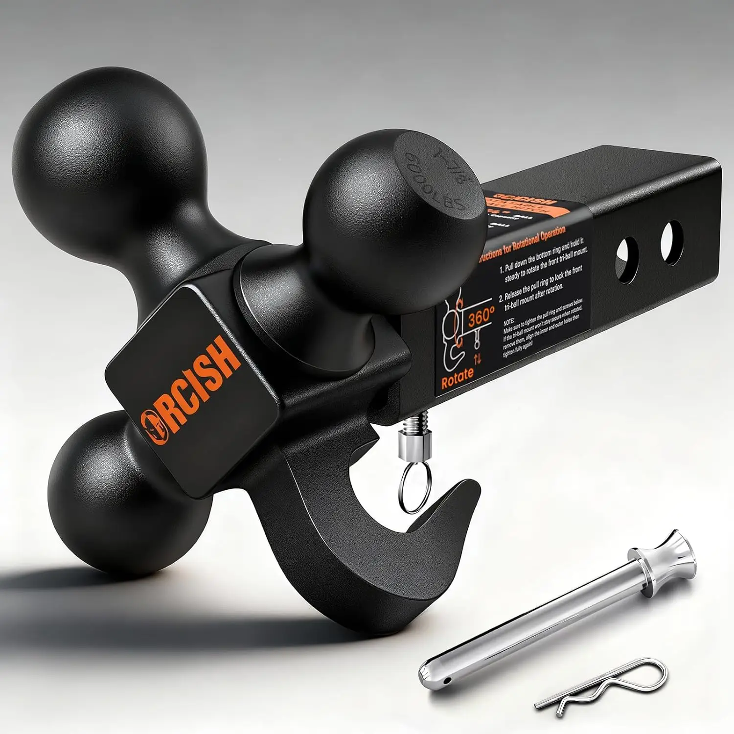 

360° Swivel Trailer Hitch Tri-Ball Mount 1-7/8" 2" 2-5/16" Heavy Duty Hook 2" Receiver