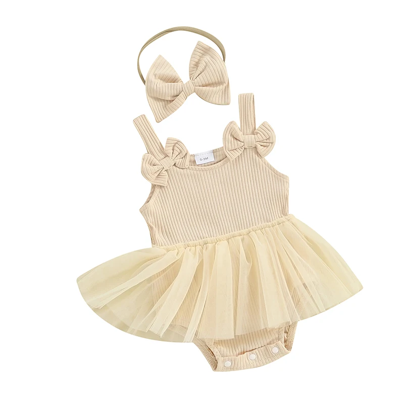 Baby Girl 2Pcs Summer Outfits Sleeveless Bow Front Romper Tulle Dress with Headband Set