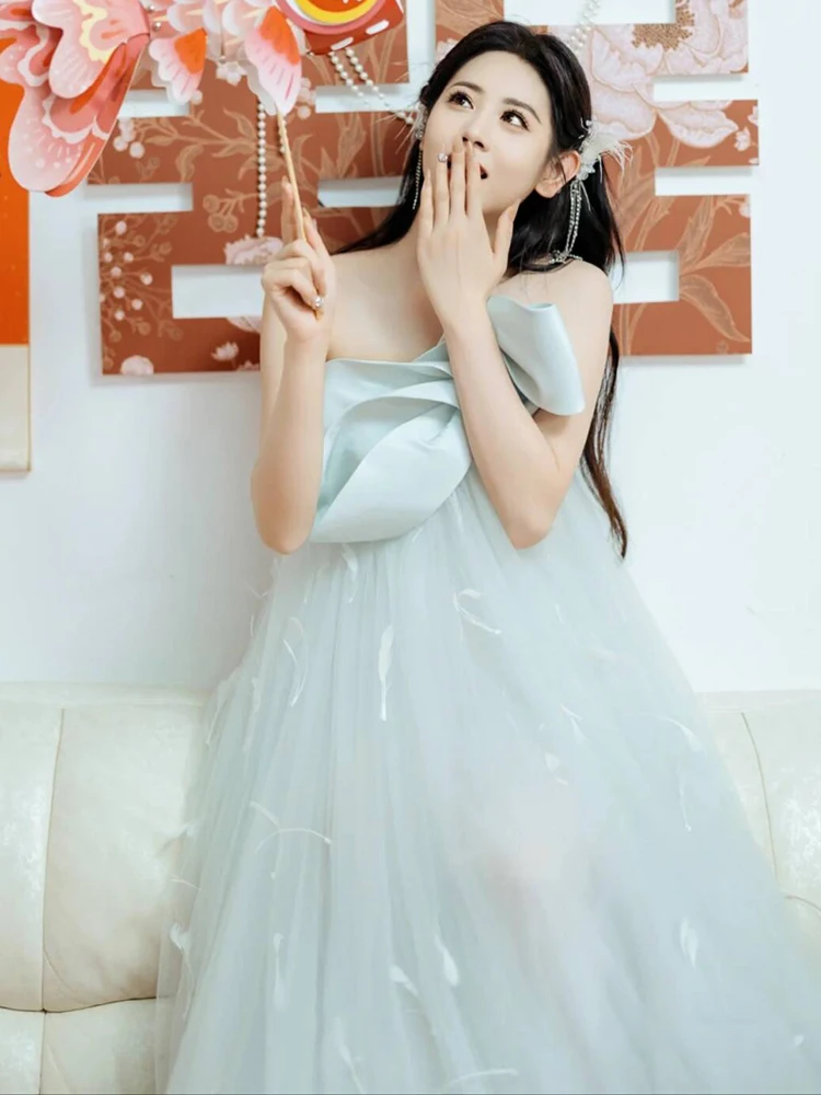 

Синий утренний халат Ele Blue Morning Robe с перьевыми вставками, элегантное вечернее платье для помолвки и свадебного торжества