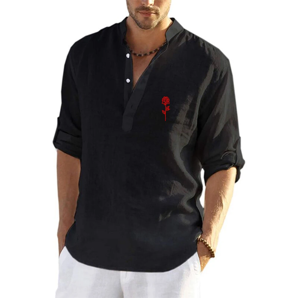 2026 Beautiful Rose Pattern Logo Print Men's Cotton Linen Shirts Beach Tops Shirt Pull on Male Loose Casual Long Sleeve Top