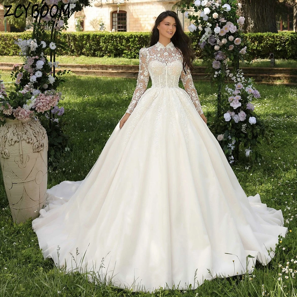 

Elegant White High-Neck Lace Appliques Long Sleeves Wedding Dress 2024 Ball Gown Floor Length Sweep Train Zipper Bridal Gown